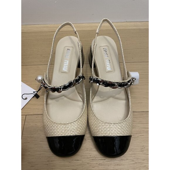 Miu Miu Tan/black Patent Leather And Raffia Slingback Pumps - Picture 1 of 10